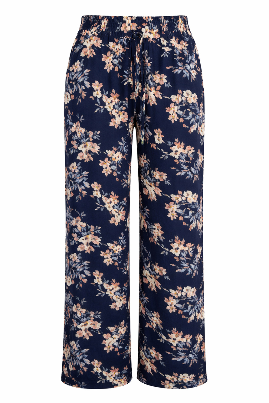 Joe B Navy Floral Wide Leg Elastic Waist Pull On Pants Boho Flowy Small